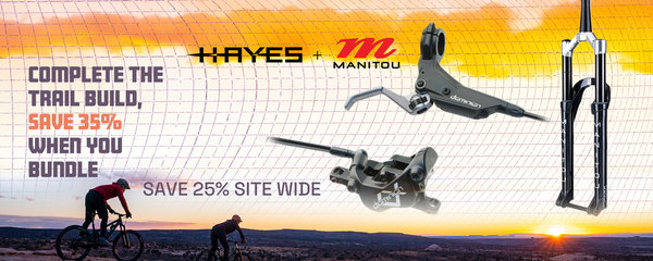 Promotional banner for Hayes and Manitou bike brakes and suspenion with a mountain bike scene and text overlay.